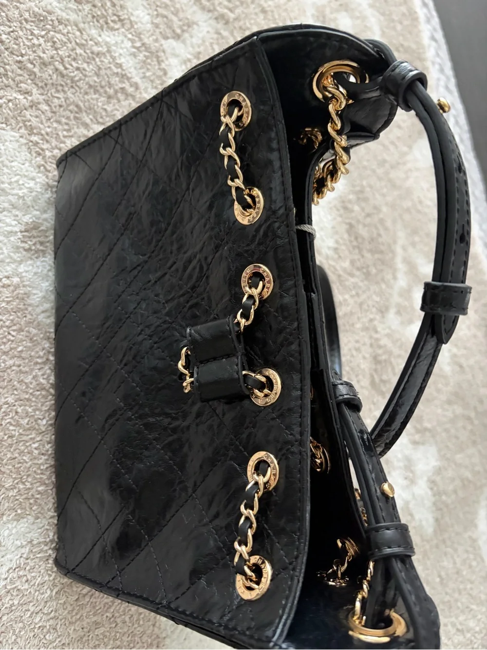 Charles & Keith Black Quilted Crossbody with Gold Logo